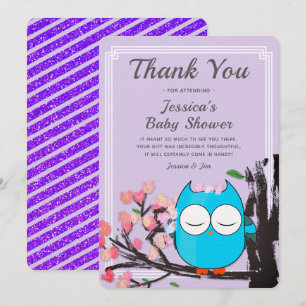 Cute Owl Blossom Purple Glitter Stripes Thank You Invitation
