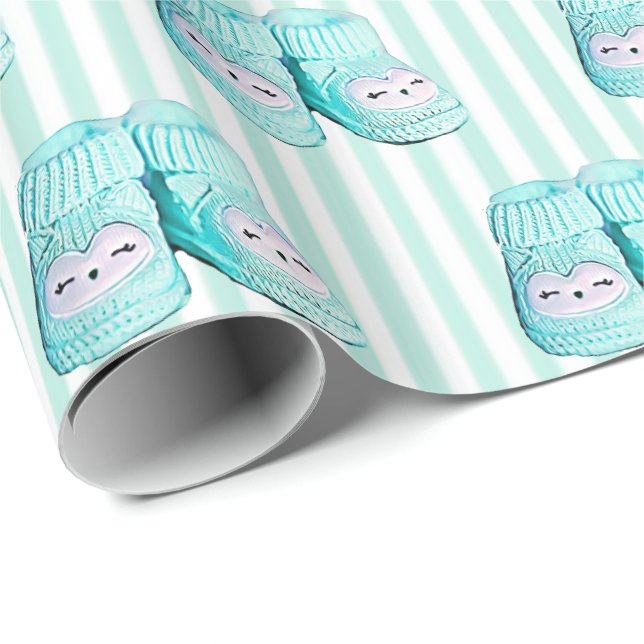 Cute Owl Blue Baby Booties Baby Shower Gift Wrap (Roll Corner)
