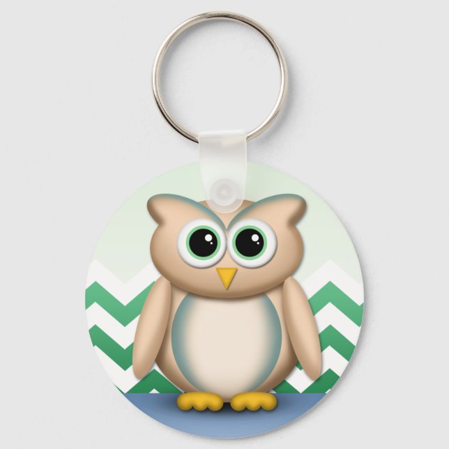 Cute Owl - Blue & Green Chevron Keychain (Front)