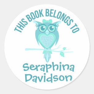 Cute Owl book plate name aqua id label sticker