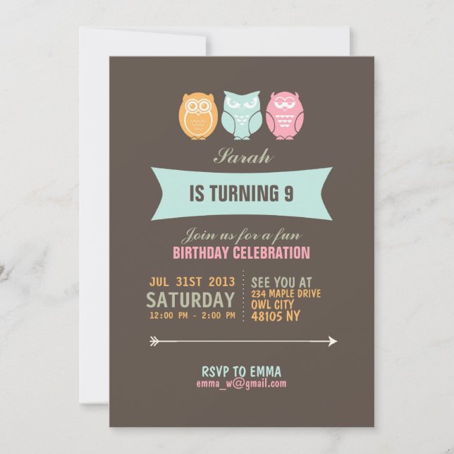 Cute Owl Cartoon Birthday Invitation for Kids (Front)