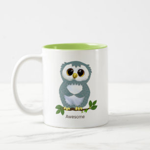 Cute Owl Cartoon, Laurel Leaves & Calligraphy Two-Tone Coffee Mug