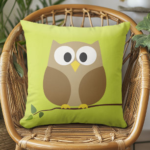 Cute Owl Cartoon on branch with Pattern on back Cushion