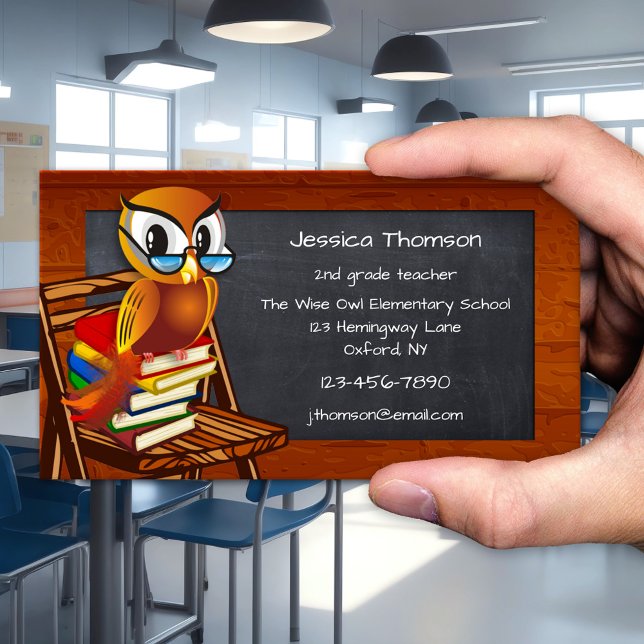 Cute Owl Chalkboard Teacher Business Card (Business card featuring a cartoon owl on a pile of books. Great for a teacher or substitute teacher.)