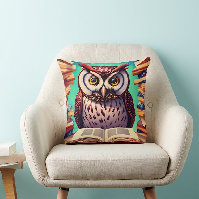 Cute owl character reading book | Throw pillow (Creator Uploaded)
