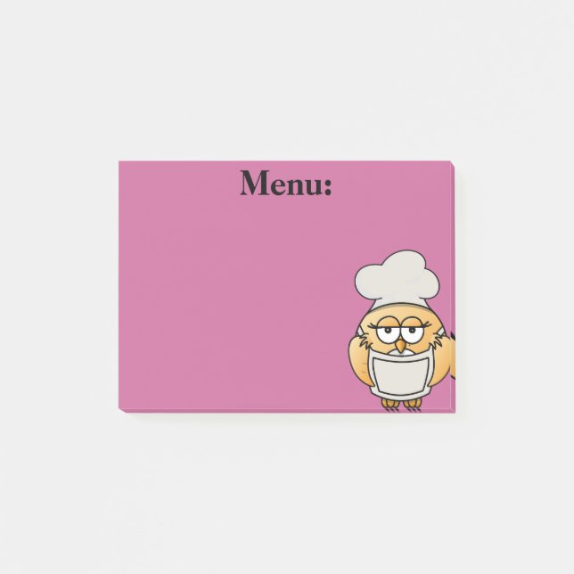 Cute Owl Chef Menu Pink Post It Note (Front)