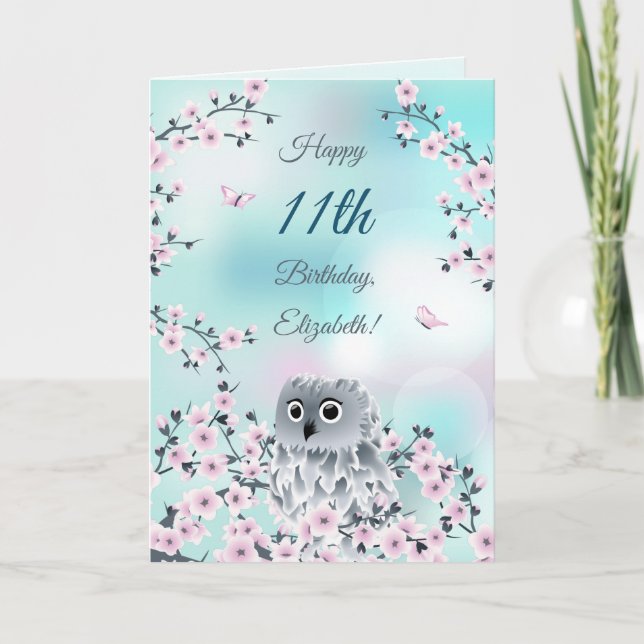 Cute Owl Cherry Blossom Custom Birthday Card (Front)