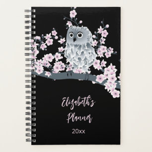 Cute Owl Cherry Blossom Pink Black Add Name /Year Planner