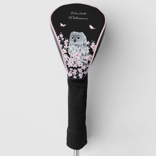 Cute Owl Cherry Blossom Pink Black  Golf Head Cover (Front)
