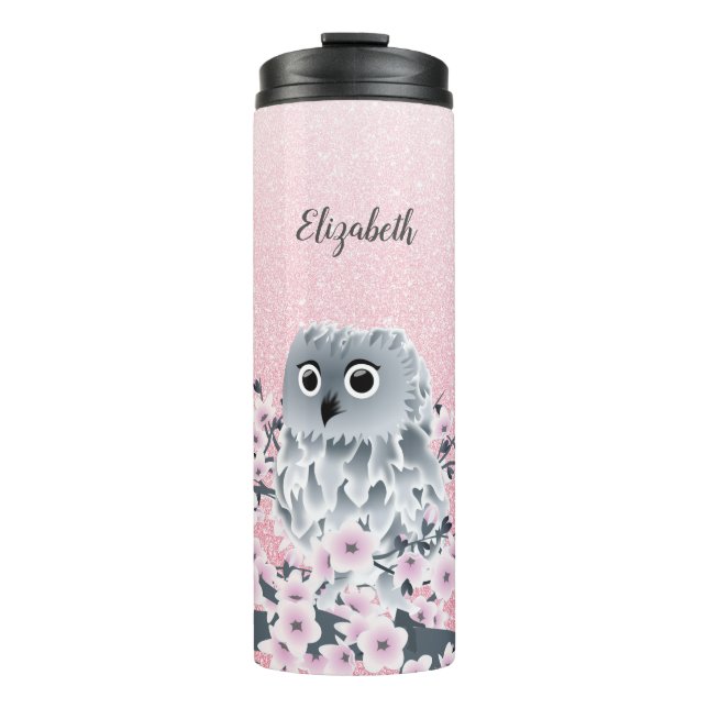Cute Owl Cherry Blossom Pink Glitter Thermal Tumbler (Front)