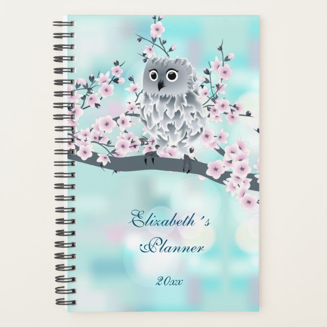 Cute Owl Cherry Blossom Pink Turquoise Add Name  Planner (Front)