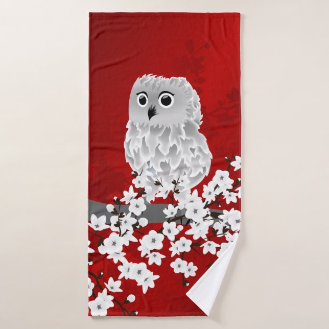 Cute Owl Cherry Blossom Red Black White Bath Towel (Bath Towel)