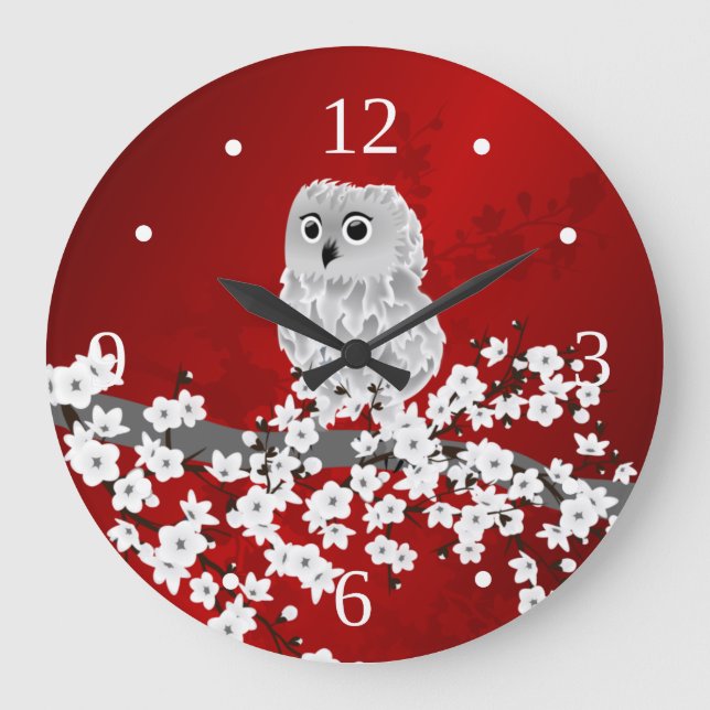 Cute Owl Cherry Blossom Red Black White Large Cloc Large Clock (Front)