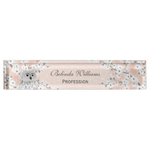 Cute Owl Cherry Blossom Rose Gold Glitter Teacher Nameplate
