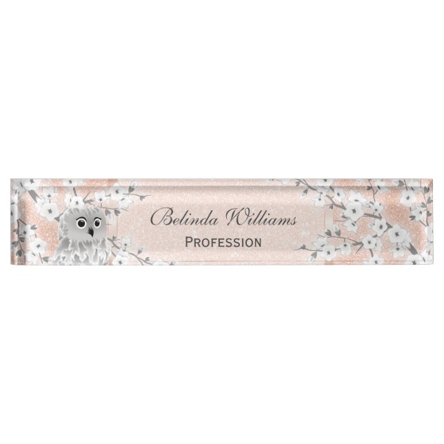 Cute Owl Cherry Blossom Rose Gold Glitter Teacher Nameplate (Front)