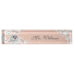 Cute Owl Cherry Blossom Rose Gold Glitter Teacher Nameplate
