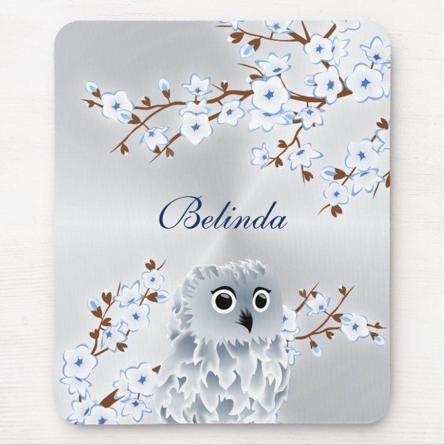 Cute Owl Cherry Blossom Silver White Monogram Mouse Pad (Front)