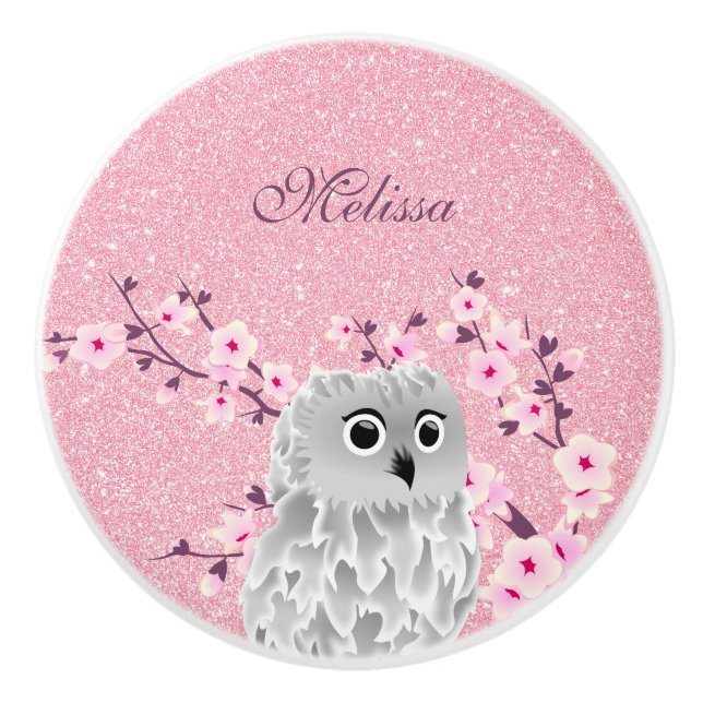 Cute Owl Cherry Blossoms Pink Glitter Girls Ceramic Knob (Front)