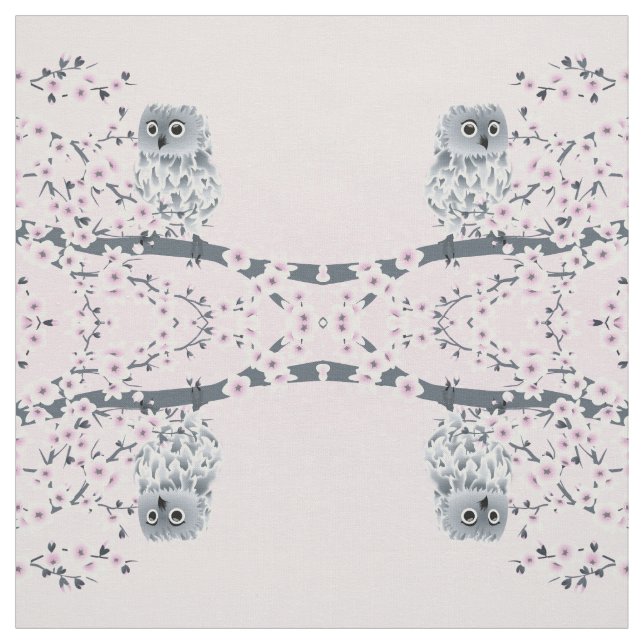Cute Owl Cherry Blossoms Pink Grey Fabric (Swatch)