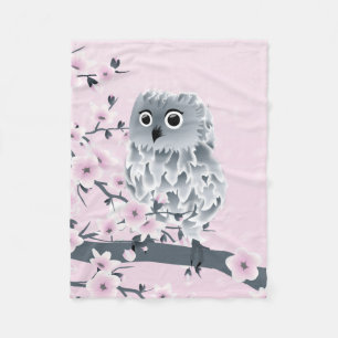 Cute Owl Cherry Blossoms Pink Grey Floral Fleece Blanket