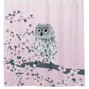 Cute Owl Cherry Blossoms Pink Kids Shower Curtain