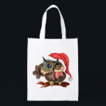 Cute Owl Christmas Grocery Bag<br><div class="desc">Christmas Grocery Bags with Cute Baby Owl In Christmas Hat and Gift - Painting Funny Bird Fun Collection - Choose / Add Your Unique Text / Name / Color - Make Your Special Handbags Gift - Resize and move or remove / add elements - image / text with customization tool....</div>