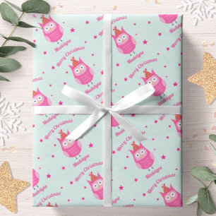 Cute Owl Christmas Pink Snow Stars Personalised Wrapping Paper