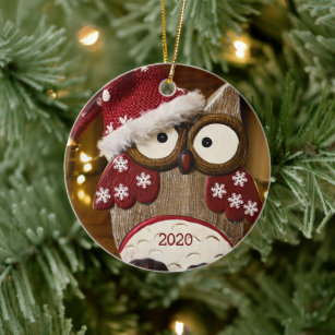 Cute Owl Christmas Wood Ceramic Ornament