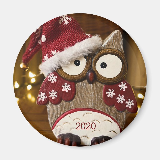 Cute Owl Christmas Wood Magnet (Front)