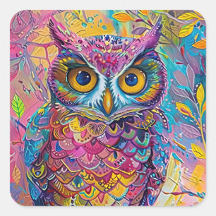 Cute Owl Colourful Abstract Bird Animal Nature Art Square Sticker