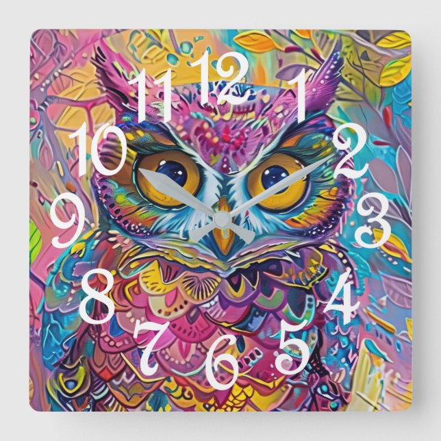 Cute Owl Colourful Abstract Bird Animal Nature Art Square Wall Clock (Front)