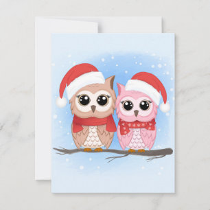Cute Owl Couple in Watercolor Style Holiday Card