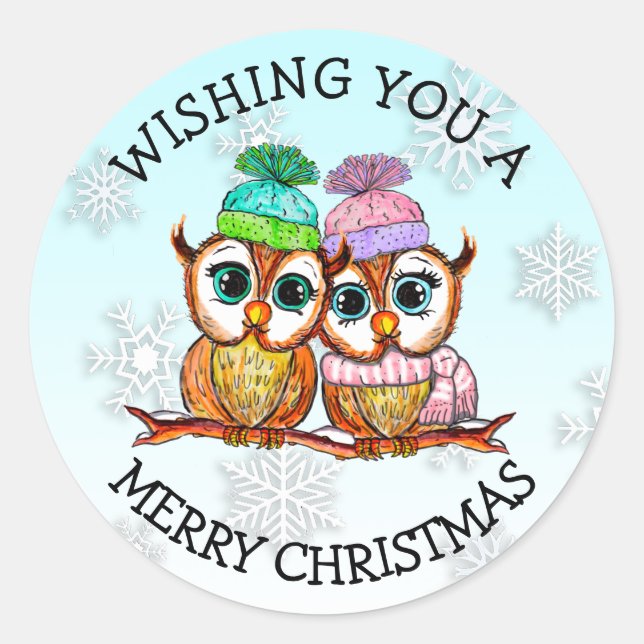 Cute Owl Couple Merry Christmas Classic Round Sticker (Front)
