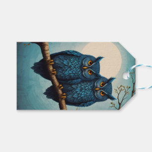 Cute owl couple on branch in a blue colour gift tags