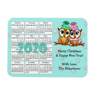 Cute Owl Couple Teal Snowflakes 2020 Mini Calendar Magnet