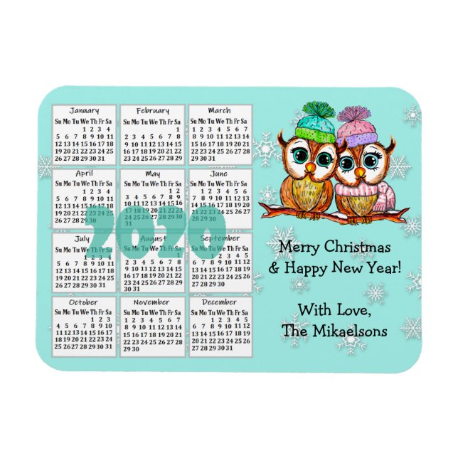 Cute Owl Couple Teal Snowflakes 2020 Mini Calendar Magnet (Horizontal)