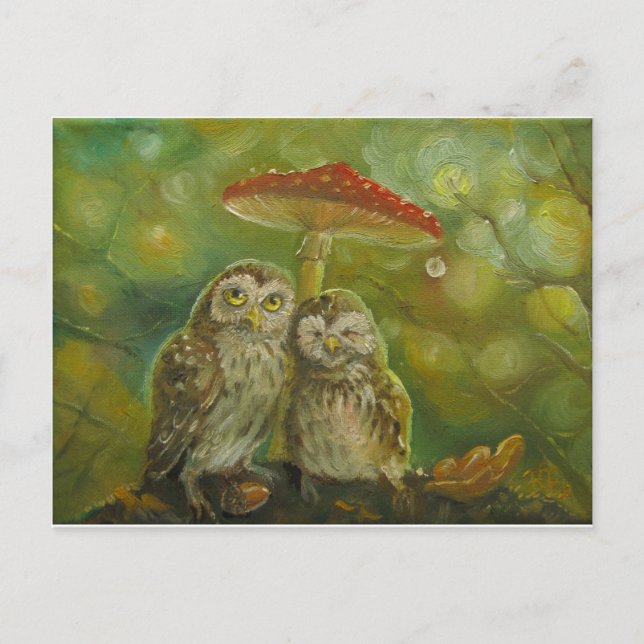 Cute Owl Couple under the Mushroom Postcard (Front)