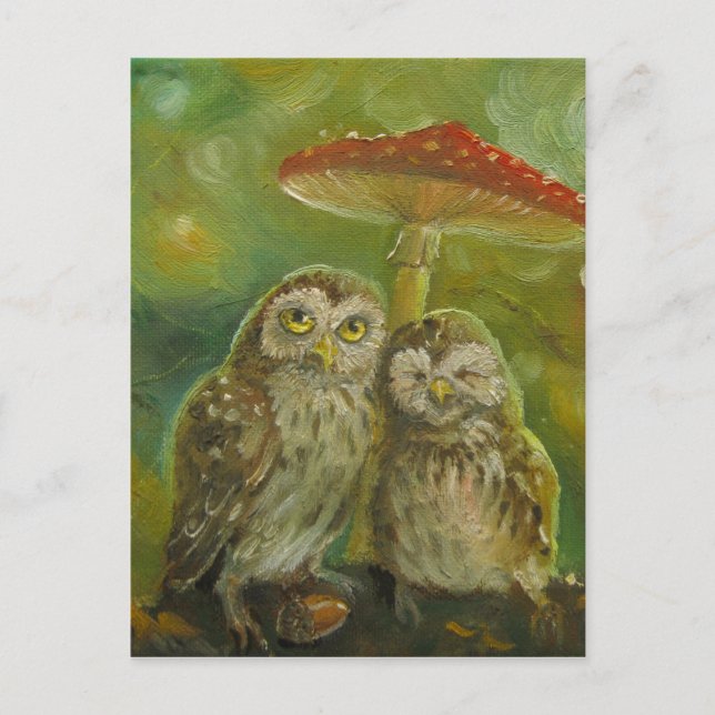 Cute Owl Couple under the Mushroom Postcard (Front)