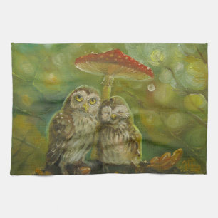Cute Owl Couple under the Mushroom Tea Towel