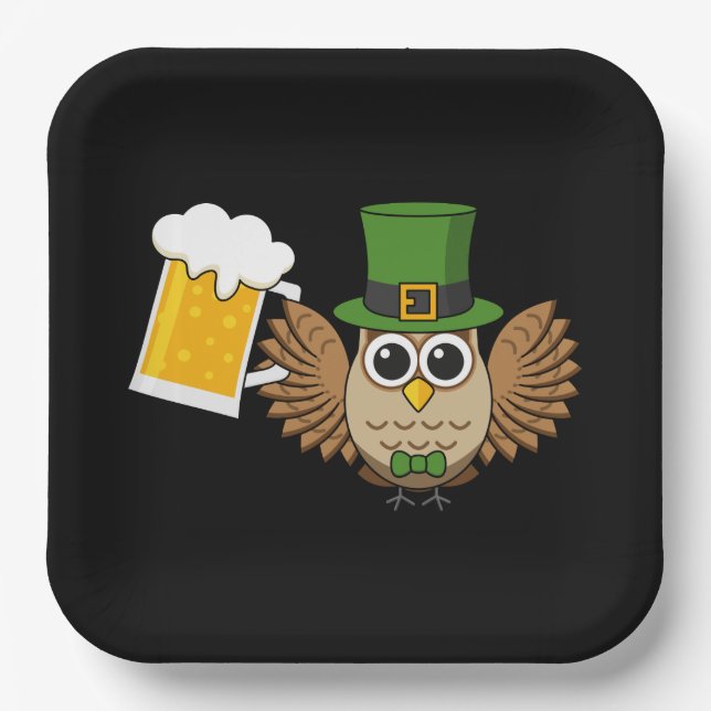 Cute Owl Drinking Beer Funny St Patrick's Day Paper Plate (Front)