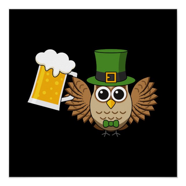 Cute Owl Drinking Beer Funny St Patrick's Day Poster (Front)