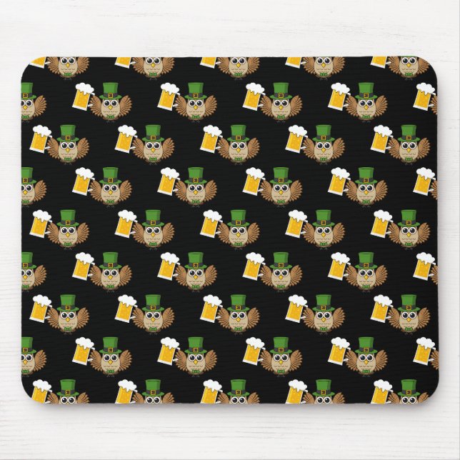 Cute Owl Drinking Beer St Patrick's Day Pattern Mouse Pad (Front)