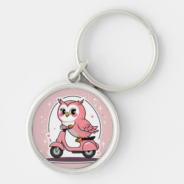 Cute owl driving a scooter key ring (Front)