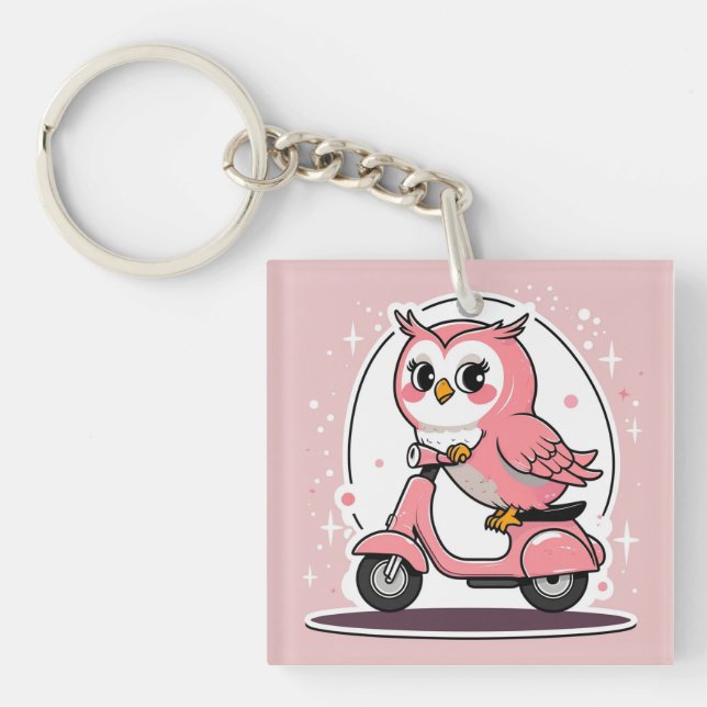 Cute owl driving a scooter key ring (Front)