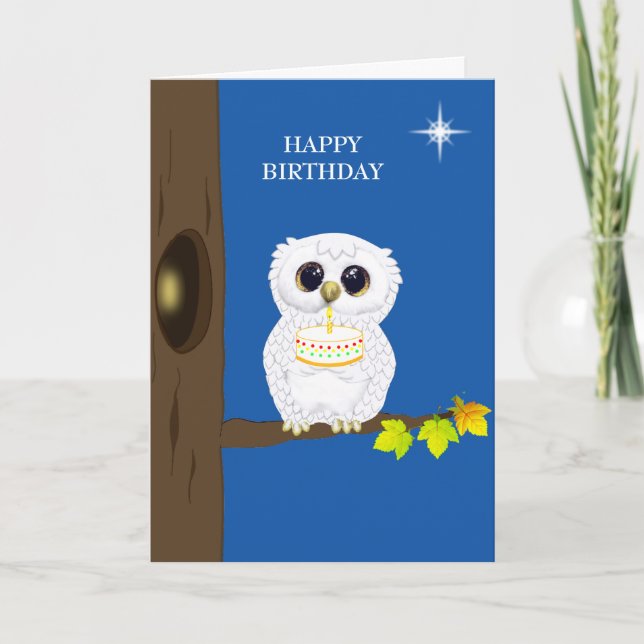 Cute Owl & Editable Birthday Wishes on Blue Card (Front)