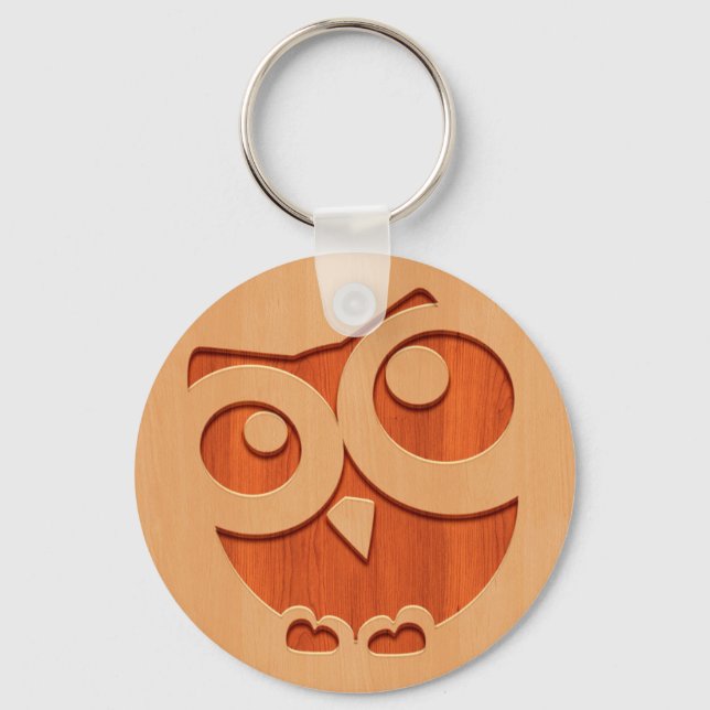 Cute owl engraved in wood effect key ring (Front)