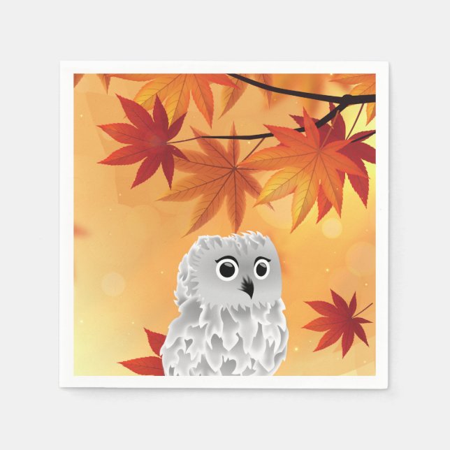 Cute Owl Fall Leaves Autumn Party Paper Plate Napkin (Front)