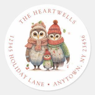 Cute Owl Family Christmas Return Address Classic Round Sticker