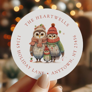 Cute Owl Family Christmas Return Address Classic Round Sticker