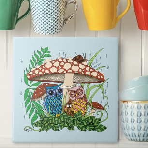 Cute Owl Family Mushroom Rain Ceramic Tile